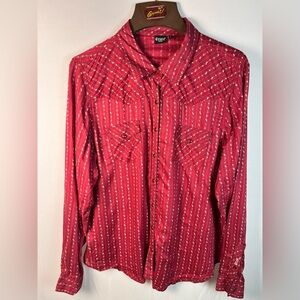 Western Red Button-Up Shirt with White Stripes
